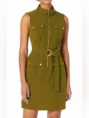 NEW Sharagano Green Utility Style Dress / Belted Shirtdress - Size 16 Womens